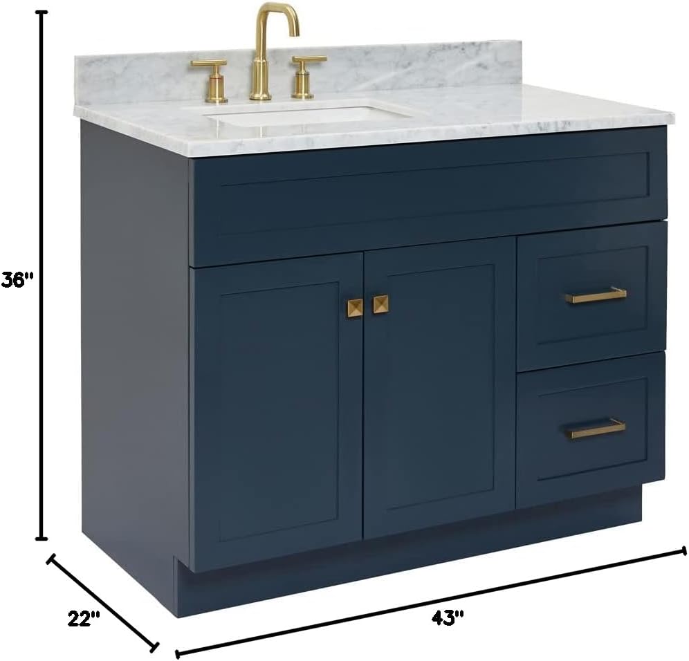 ARIEL Hamlet 43 in. Left Offset Rectangle Sink Vanity with 0.75 in. Carrara White Countertop in Midnight Blue