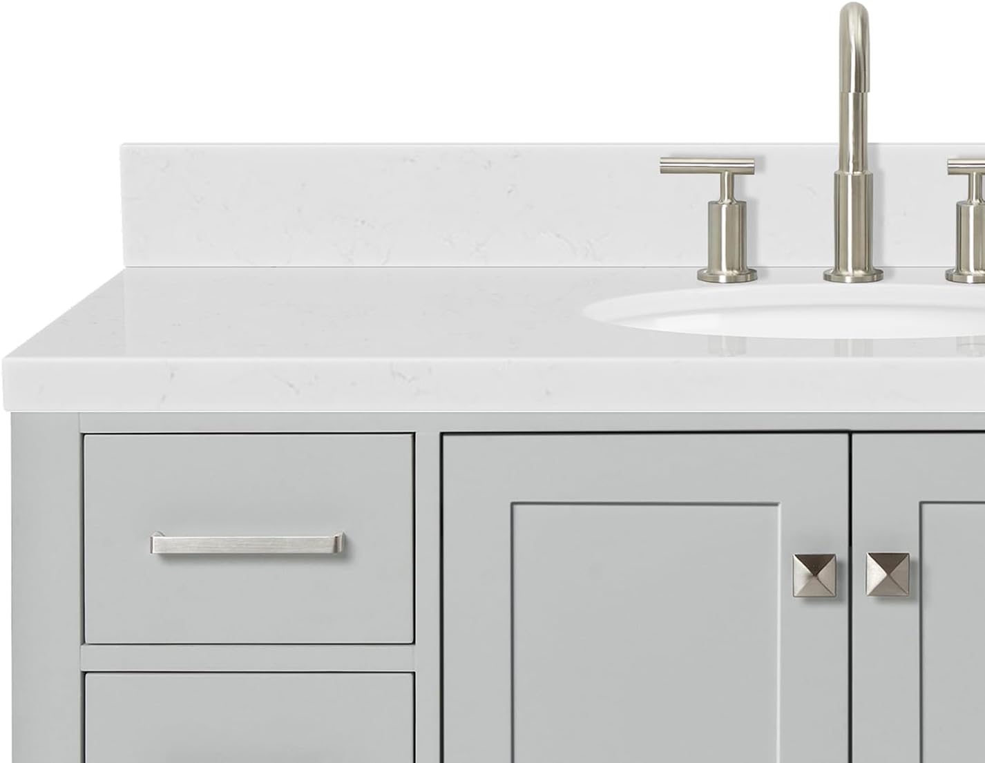 ARIEL Cambridge 48-inch Bathroom Vanity with Sink,Solid Wood, 1.5-inch Carrara White Quartz Countertop & Backsplash, Single Oval Porcelain Sink, 2 Soft Closing Doors, 9 Dovetail Drawers, Grey