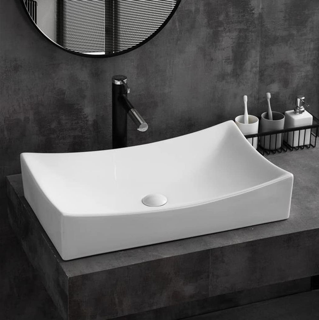 SouNor Rectangle Bathroom Vessel Sink Above Counter Square Bowl Countertop 25'x15' Inches Modern Contemporary Porcelain Big Large Ceramic Wash Lavatory Basin Rectangular Sinks White,25' (Large)