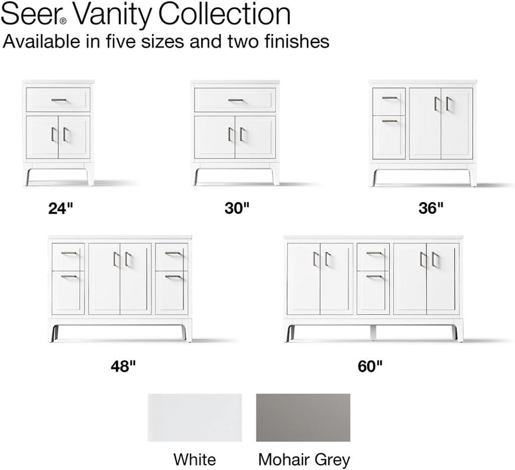 Kohler Seer 30 Inch Bathroom Vanity Cabinet with White Single Sink and Quartz Top, Modern Bathroom Vanity, Mohair Gray, K-33552-ASB-1WT
