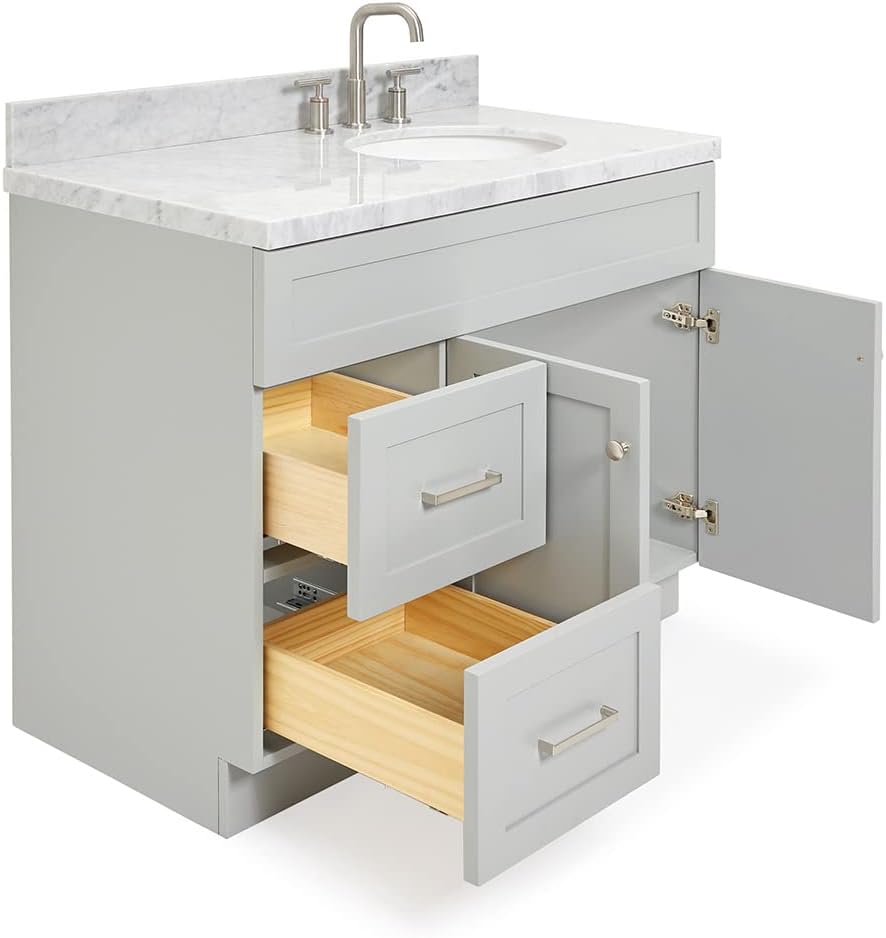 DKB Bradford 42' Grey Bathroom Vanity with Sink, 1.5' Edge Italian Carrara Marble Countertop, Oval Sink, 2 Soft Closing Doors, 2 Full Extension Dovetail Drawers, Brushed Nickel