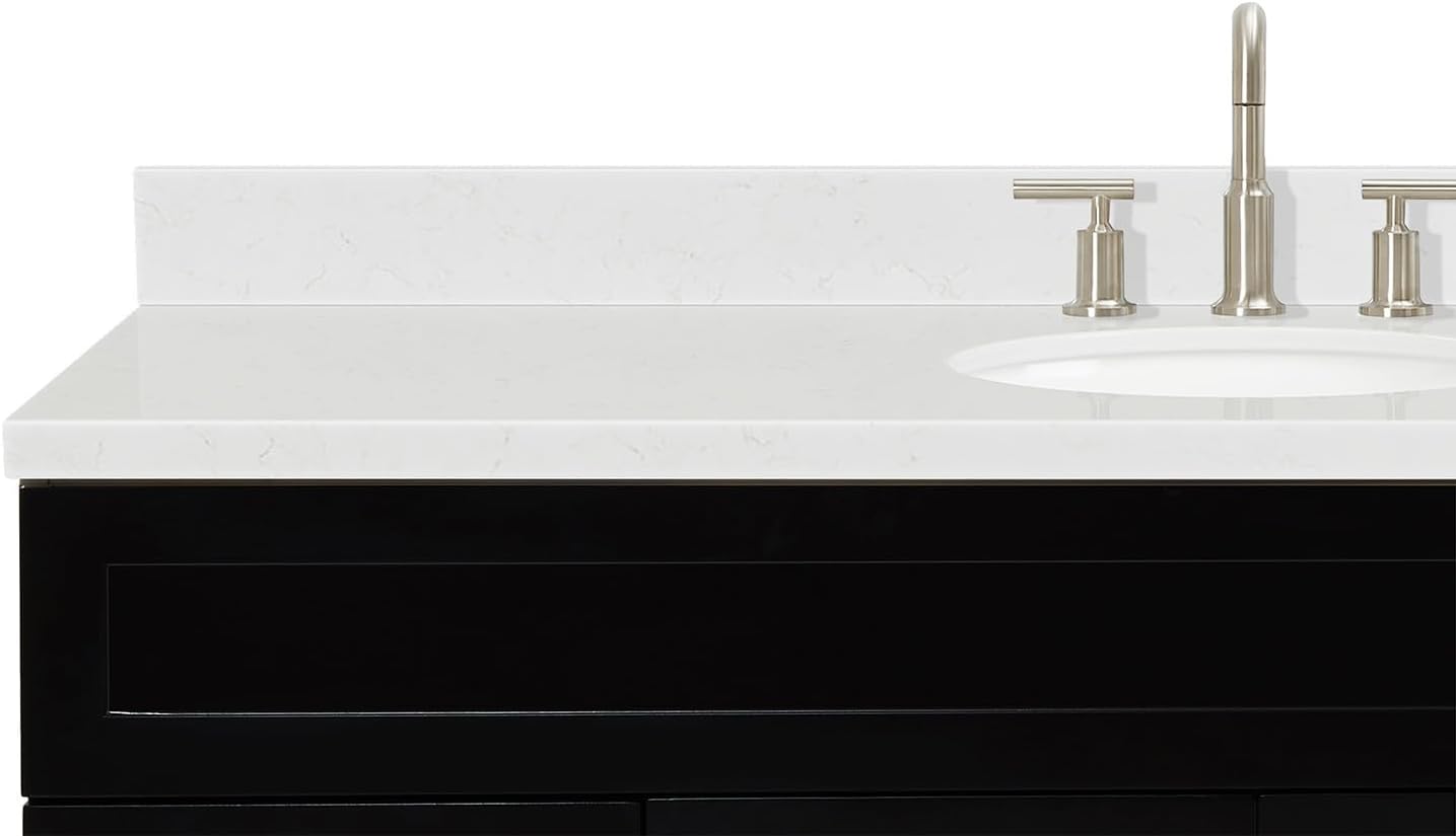 ARIEL Hamlet 60-inch Bathroom Vanity with Sink,Solid Wood, 1.5-inch Carrara White Quartz Countertop & Backsplash, Single Oval Porcelain Sink, 2 Soft Closing Doors, 4 Dovetail Drawers, Black