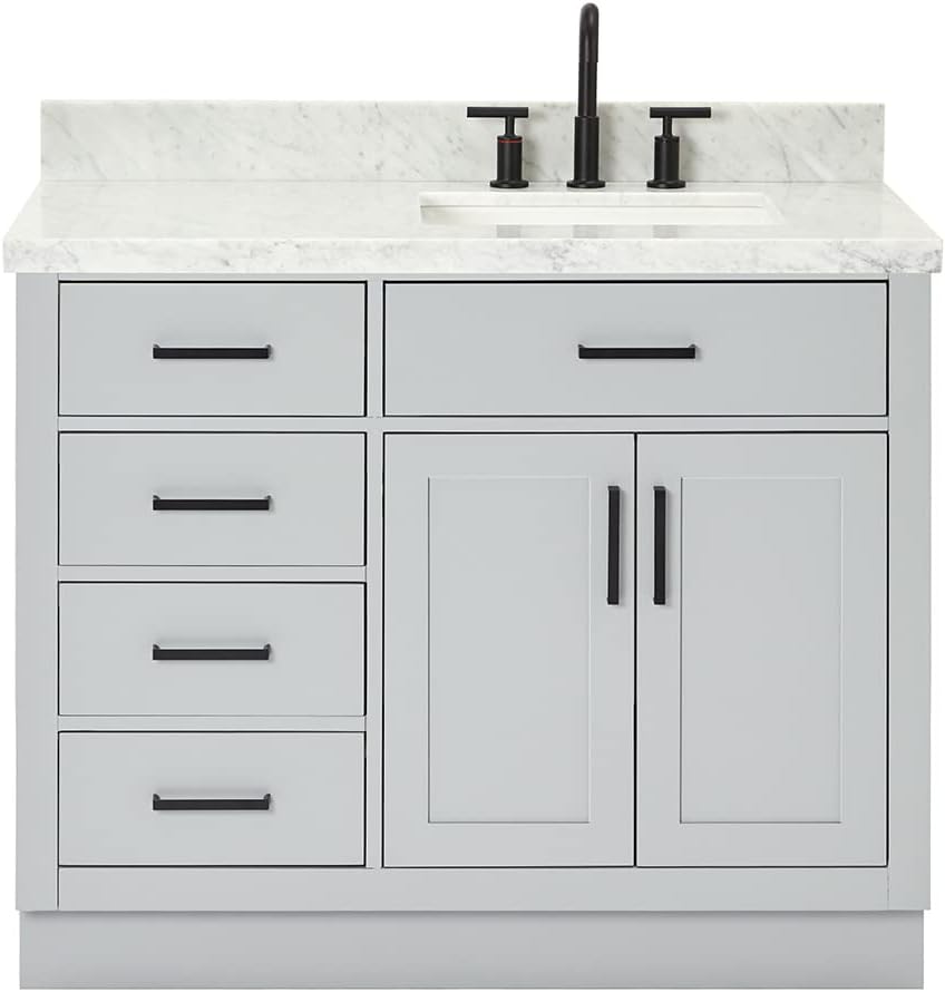 ARIEL 54' Grey Single Bathroom Vanity with Sink, 1.5' Italian Carrara Marble Countertop, Rectangular Undermount Sink, 2 Soft Closing Doors, 9 Dovetail Drawers