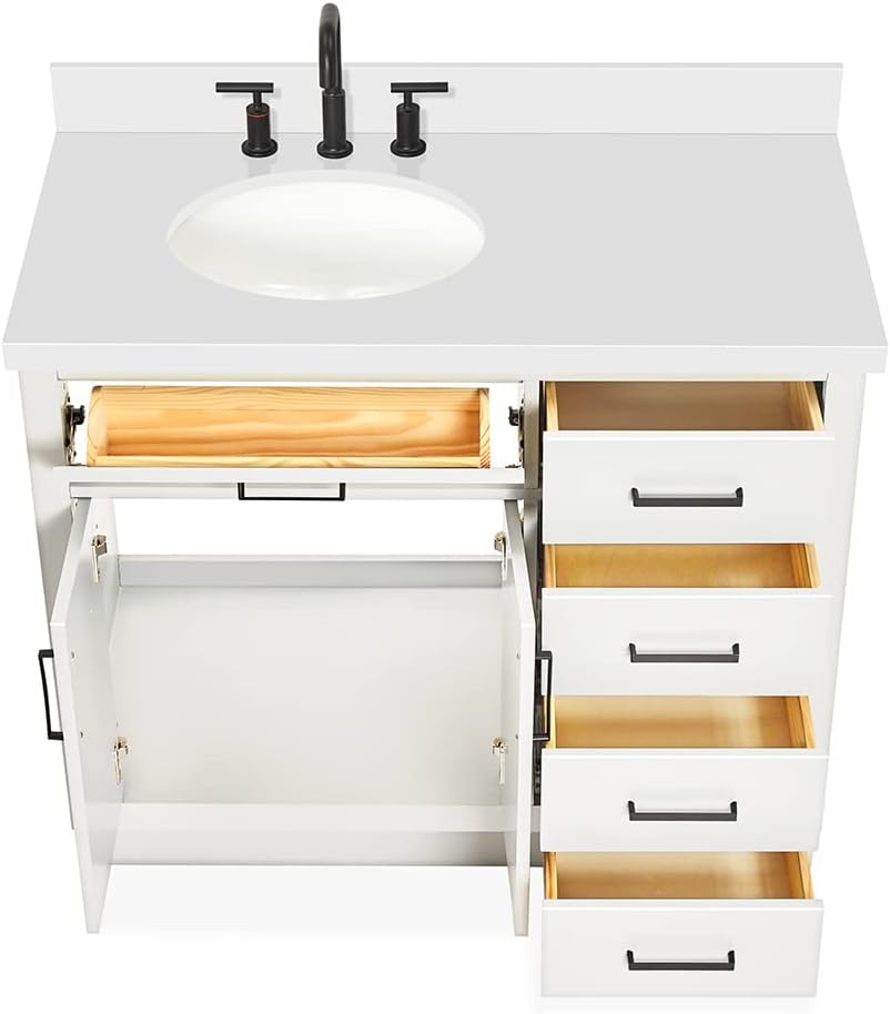 DKB Isabella 42' White Bathroom Vanity with Oval Sink, 1.5' Pure White Quartz Countertop, Solid Wood Frame, 2 Soft-Close Doors, 5 Dovetail Drawers