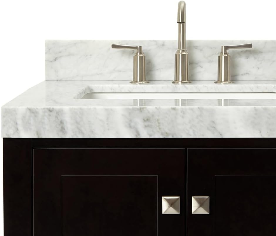 ARIEL Cambridge 36-inch Bathroom Vanity with Sink,Solid Wood, 2-inch Italian Carrara Marble Countertop, Single Rectangular Porcelain Sink, 2 Soft Closing Doors, 5 Dovetail Drawers, Espresso