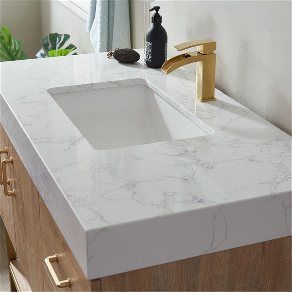 Pemberly Row 42' White Grain Stone Top Bathroom Vanity, Oak Finish, Solid Wood Construction, Ceramic Sink with Overflow, Brushed Gold Hardware, Soft-Closing Doors and Drawers, Contemporary Style