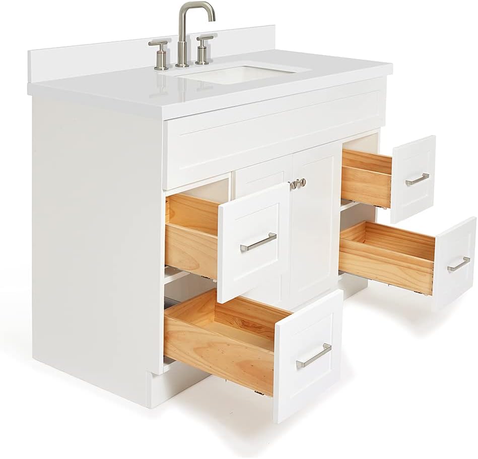 ARIEL Hamlet 48-inch Bathroom Vanity with Sink,Solid Wood, 1.5-inch Pure White Quartz Countertop & Backsplash, Single Rectangular Porcelain Sink, 2 Soft Closing Doors, 4 Dovetail Drawers, White
