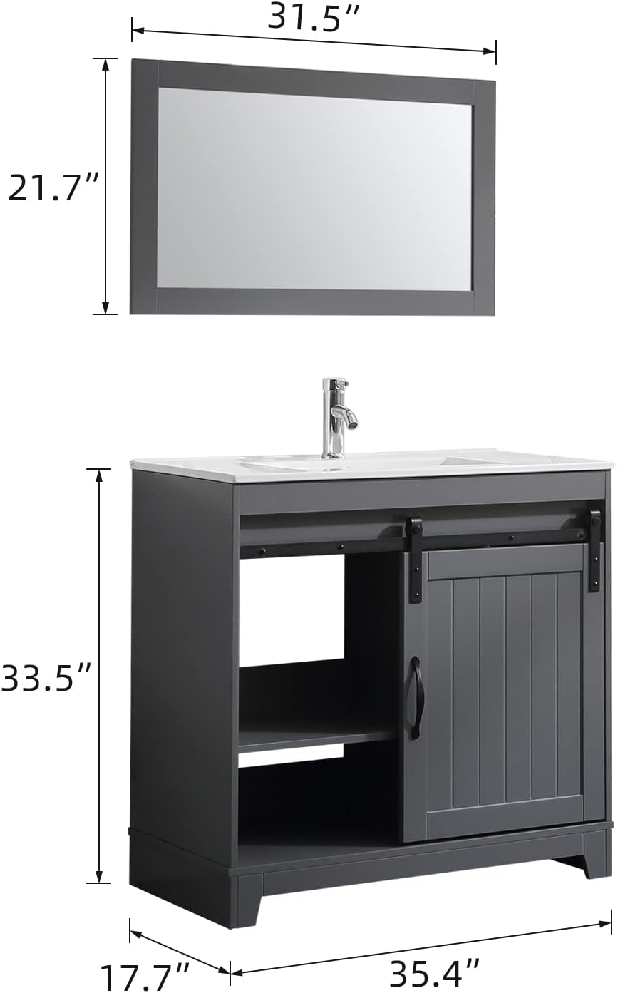 36 inch Bathroom Vanity with Sink Top Mirror Sliding Barn Door Dark Grey | Freestanding farmhouse bathroom vanity cabinet, ceramic single sink combo