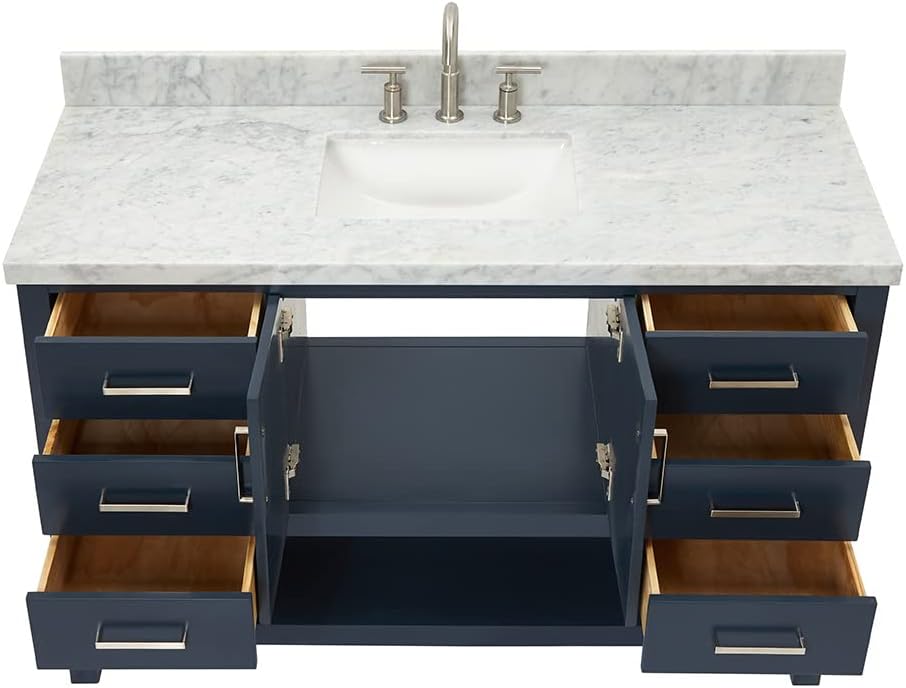 ARIEL Magnolia 54-inch Bathroom Vanity with Sink,Solid Wood, 1.5-inch Italian Carrara Marble Countertop, Single Rectangular Porcelain Sink, 2 Soft Closing Doors, 6 Dovetail Drawers, Midnight Blue