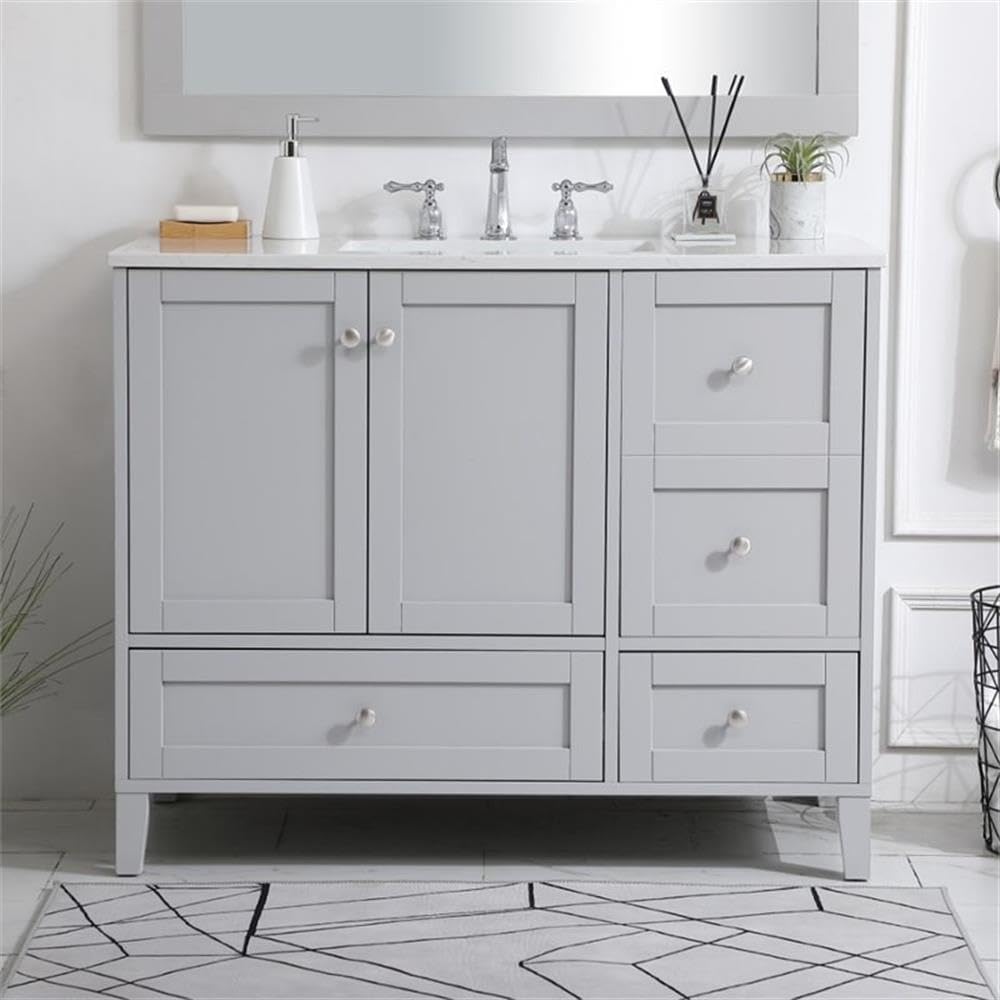 Pemberly Row 42' Traditional Bathroom Vanity, Gray Finish, Quartz Top with Porcelain Undermount Sink, MDF and Rubberwood Construction, Brushed Nickel Hardware, Freestanding Design for Bathroom Use