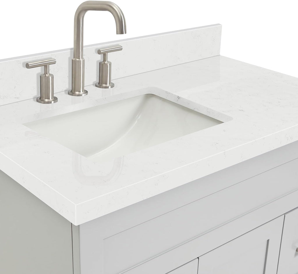 DKB Bradford 36-Inch Grey Bathroom Vanity with Left Rectangular Sink, 1.5' Carrara Quartz Countertop & Backsplash, 2 Soft-Closing Doors, 2 Full Extension Drawers, Toe Kick, Brushed Nickel Hardware