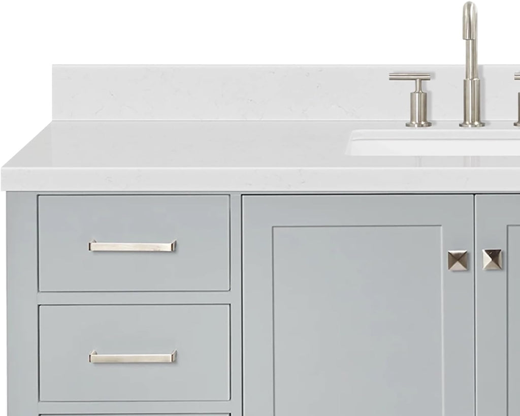 ARIEL Cambridge 60-inch Bathroom Vanity with Sink,Solid Wood, 1.5-inch Carrara White Quartz Countertop, Single Rectangular Porcelain Sink, 2 Soft Closing Doors, 9 Dovetail Drawers, Grey