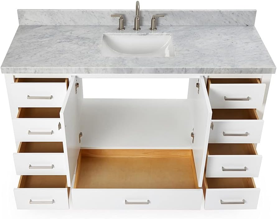 ARIEL Cambridge 60-inch Bathroom Vanity with Sink,Solid Wood, 1.5-inch Italian Carrara Marble Countertop, Single Rectangular Porcelain Sink, 2 Soft Closing Doors, 9 Dovetail Drawers, White