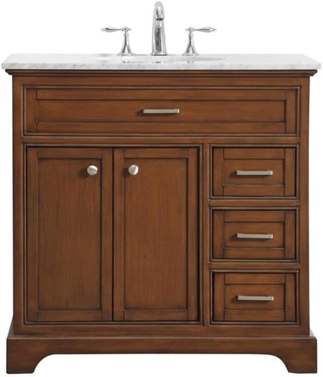 Pemberly Row Contemporary 36' Wood Bathroom Vanity, Brown Teak Finish, Italian Carrara Marble Top, Oval Porcelain Undermount Sink, 3 Drawers, 2 Doors, Freestanding Design for Home or Office Bathrooms