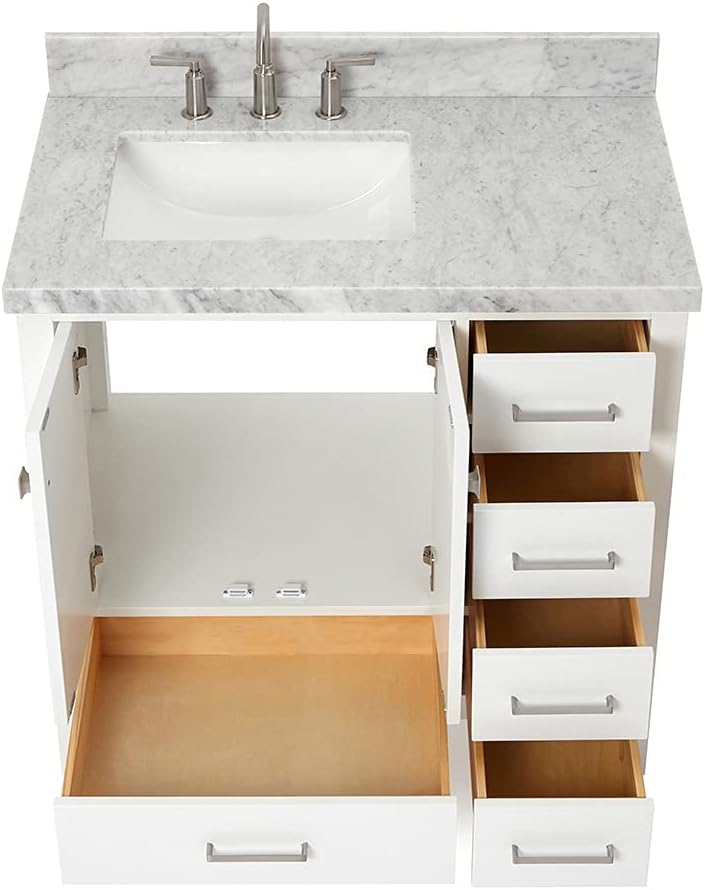 ARIEL Cambridge 36-inch Bathroom Vanity with Sink,Solid Wood, 1.5-inch Italian Carrara Marble Countertop, Single Rectangular Porcelain Sink, 2 Soft Closing Doors, 5 Dovetail Drawers, White