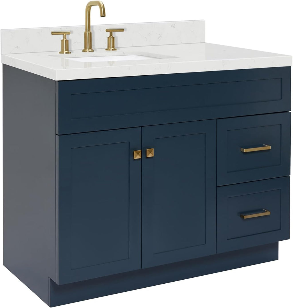 ARIEL Hamlet 42 in. Left Offset Rectangle Sink Bathroom Vanity with Carrara White Quartz Countertop 1.5 Edge in Midnight Blue