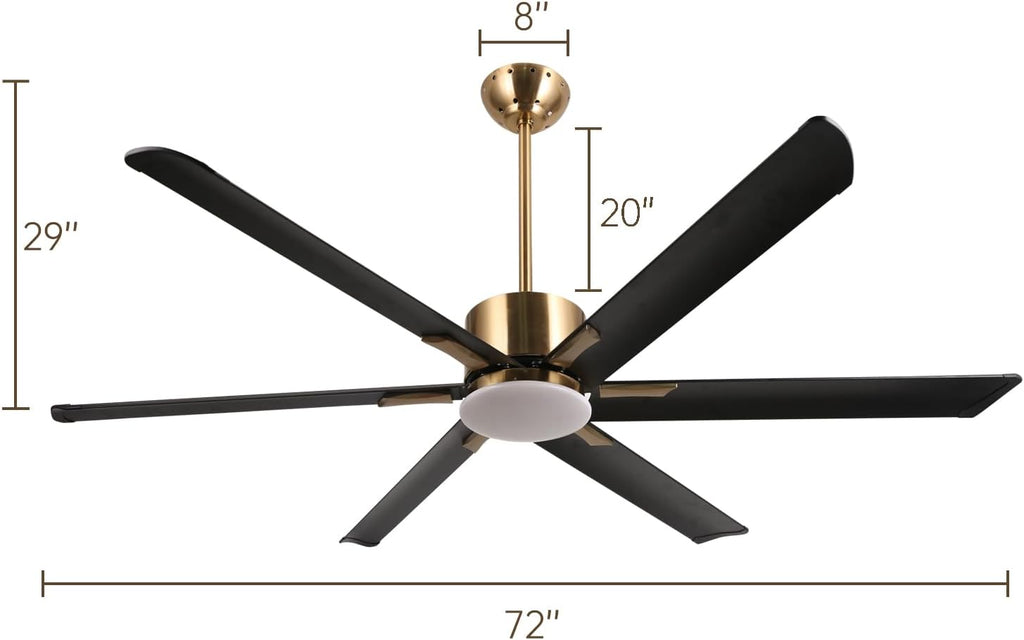 reiga 72' Indoor Outdoor Black Gold 6 Aluminum Metal Blades Extra Large Modern DC Ceiling Fan with Dimming LED Light Kit, 6 Speeds, Timer, Reversible Airflow Motor for Garage, Patio, Living Room