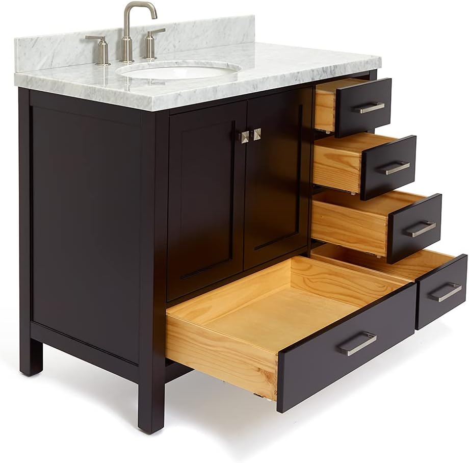 ARIEL Cambridge 42-inch Bathroom Vanity with Sink,Solid Wood, 1.5-inch Italian Carrara Marble Countertop & Backsplash, Single Oval Porcelain Sink, 2 Soft Closing Doors, 5 Dovetail Drawers, Espresso