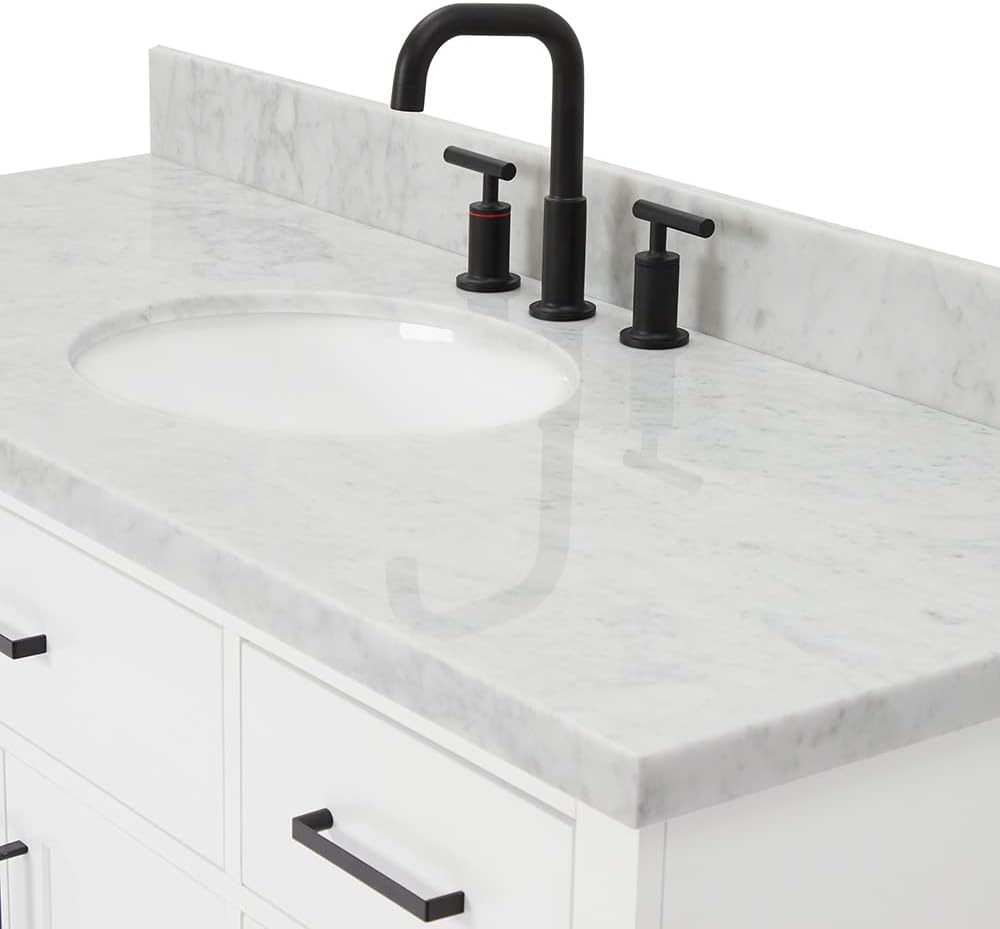 ARIEL Hepburn 54-inch Bathroom Vanity with Sink,Solid Wood, 1.5-inch Italian Carrara Marble Countertop & Backsplash, Single Oval Porcelain Sink, 2 Soft Closing Doors, 9 Dovetail Drawers, White