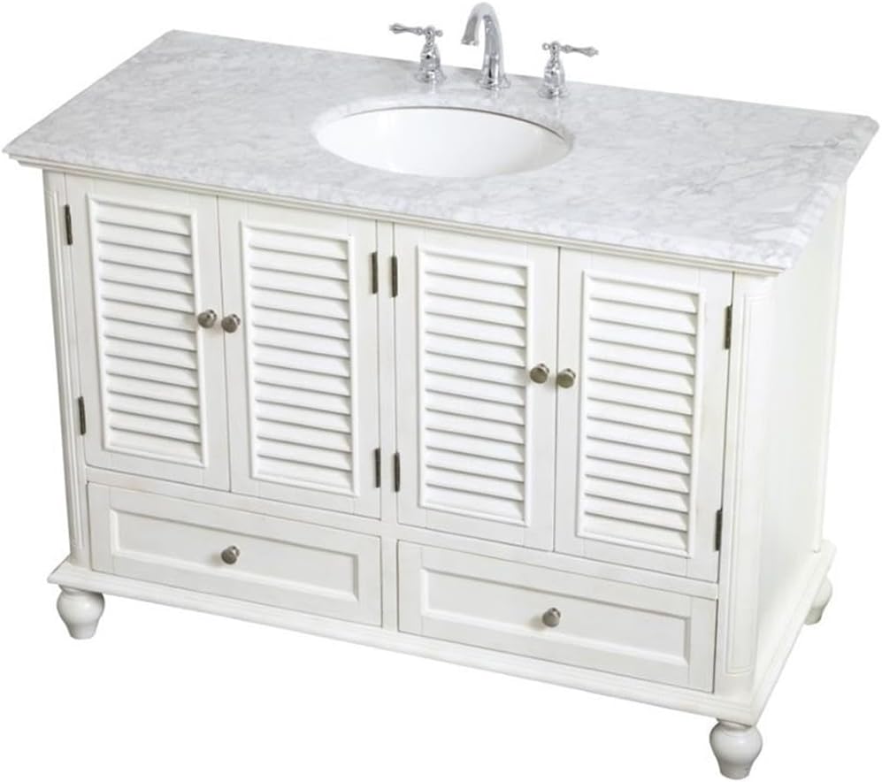 Pemberly Row 48' Bathroom Vanity, Antique White Finish, Solid Wood Base with Carrara Marble Top, Porcelain Undermount Sink, 4 Cabinet Doors and 2 Soft-Close Drawers, Free-Standing for Bathroom Use