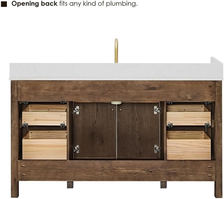 Pemberly Row 60' Wood Bathroom Vanity, Brown Brushed Oak, Fluted Doors, Grain White Engineered Stone Top, Soft-Closing Storage, Ceramic Undermount Sink, Modern Design for Bathroom Elegance