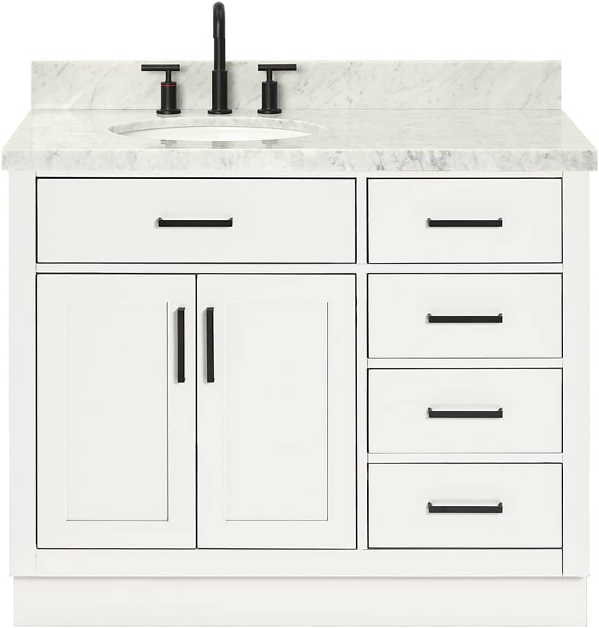ARIEL Hepburn 43' Inch Left Offset Oval Sink Vanity with 1.5' Edge Carrara White Countertop in White