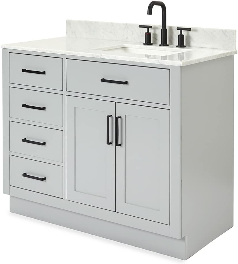 ARIEL Hepburn 43' Inch Right Offset Rectangle Sink Vanity with 0.75 Inch Edge Carrara White Countertop in Grey