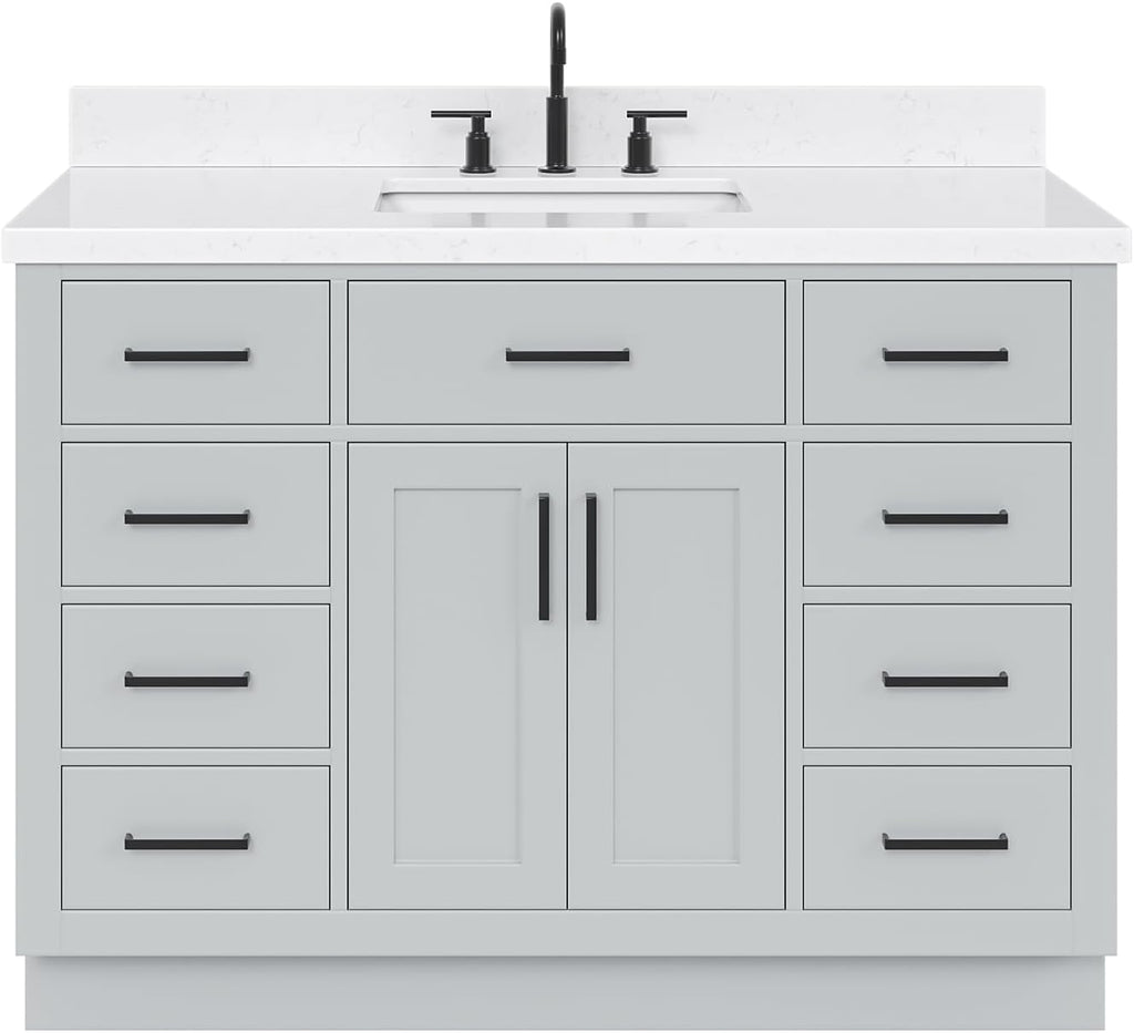 ARIEL Hepburn 48-inch Bathroom Vanity with Sink,Solid Wood, 1.5-inch Carrara White Quartz Countertop & Backsplash, Single Rectangular Porcelain Sink, 2 Soft Closing Doors, 9 Dovetail Drawers, Grey
