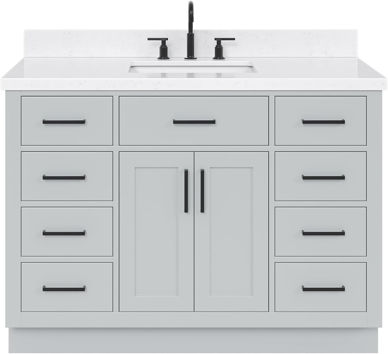 ARIEL Hepburn 48-inch Bathroom Vanity with Sink,Solid Wood, 1.5-inch Carrara White Quartz Countertop & Backsplash, Single Rectangular Porcelain Sink, 2 Soft Closing Doors, 9 Dovetail Drawers, Grey