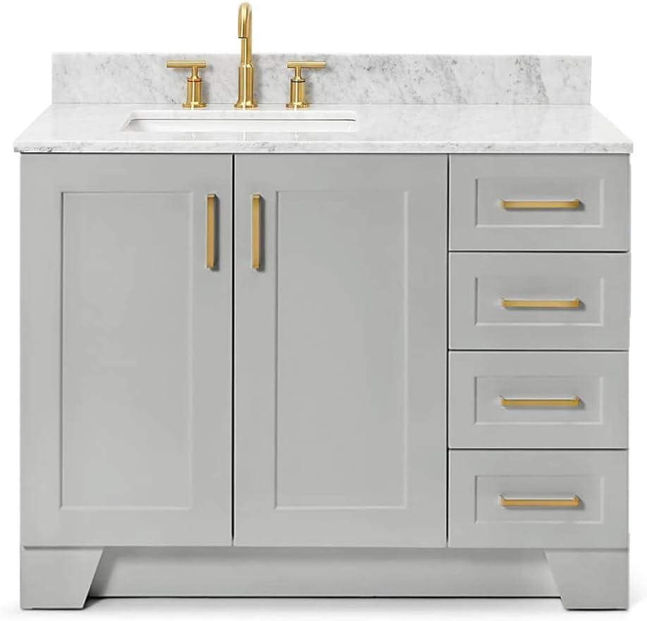 ARIEL Taylor 42-inch Bathroom Vanity with Sink,Solid Wood, 0.75-inch Italian Carrara Marble Countertop, Single Rectangular Porcelain Sink, 2 Soft Closing Doors, 5 Dovetail Drawers, Grey