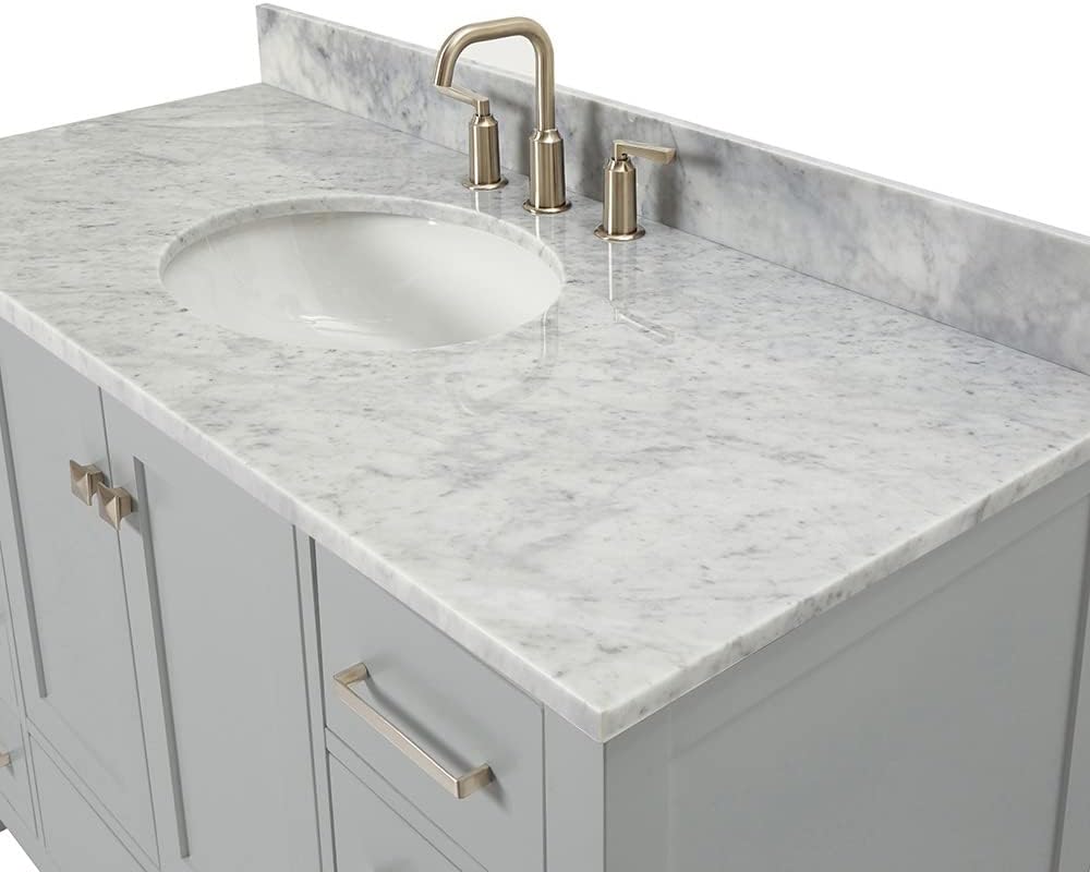 ARIEL Cambridge 48-inch Bathroom Vanity with Sink,Solid Wood, 0.75-inch Italian Carrara Marble Countertop & Backsplash, Single Oval Porcelain Sink, 2 Soft Closing Doors, 9 Dovetail Drawers, Grey