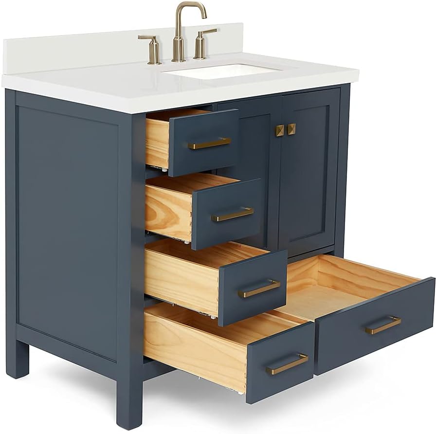 ARIEL Cambridge 36-inch Bathroom Vanity with Sink,Solid Wood, 1.5-inch Pure White Quartz Countertop, Single Rectangular Porcelain Sink, 2 Soft Closing Doors, 5 Dovetail Drawers, Midnight Blue