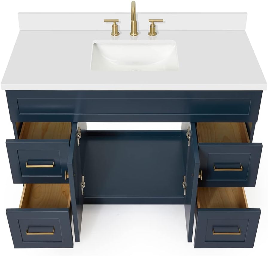 ARIEL Hamlet 48-inch Bathroom Vanity with Sink,Solid Wood, 1.5-inch Pure White Quartz Countertop, Single Rectangular Porcelain Sink, Soft Closing Doors, Dovetail Drawers, Midnight Blue