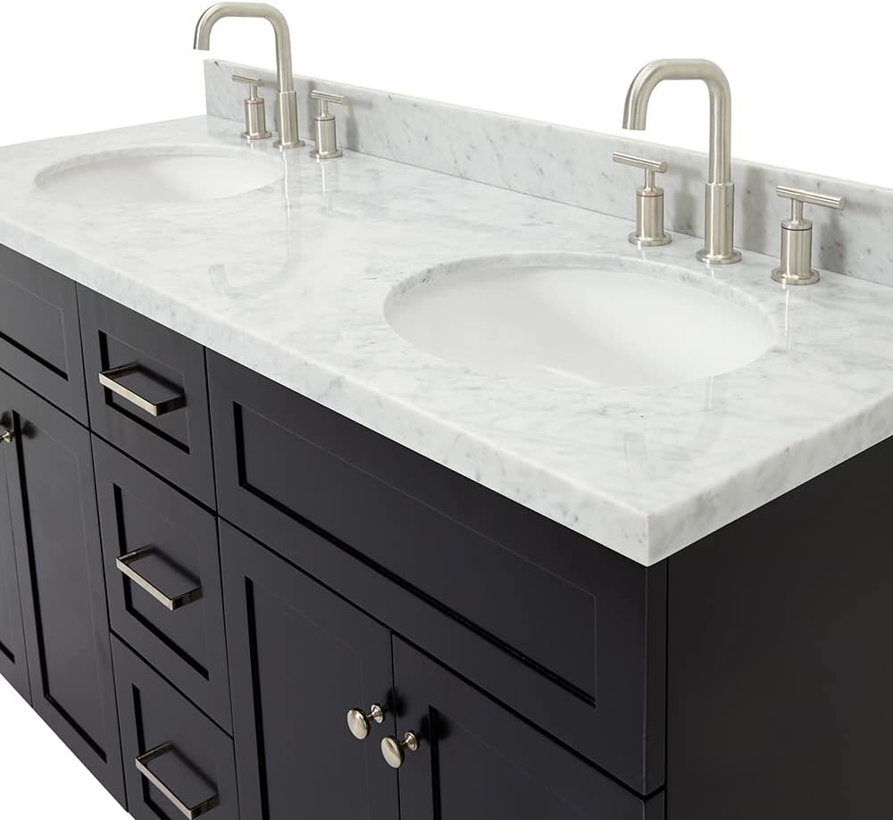 ARIEL Hamlet 60-inch Bathroom Vanity with Sink,Solid Wood, 1.5-inch Italian Carrara Marble Countertop & Backsplash, Double Oval Porcelain Sink, 4 Soft Closing Doors, 3 Dovetail Drawers, Black