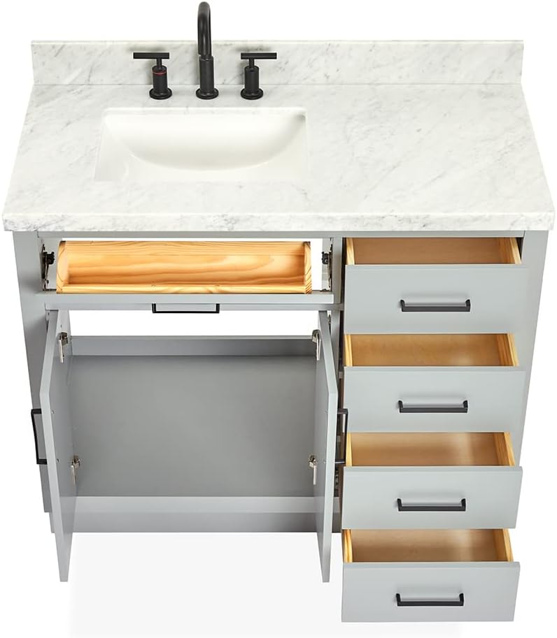 ARIEL 42' Gray Single Bathroom Vanity with Sink, 1.5' Edge Italian Carrara Marble Top, Solid Wood Frame, Rectangular Undermount Sink, 2 Soft Closing Doors, 9 Dovetail Drawers