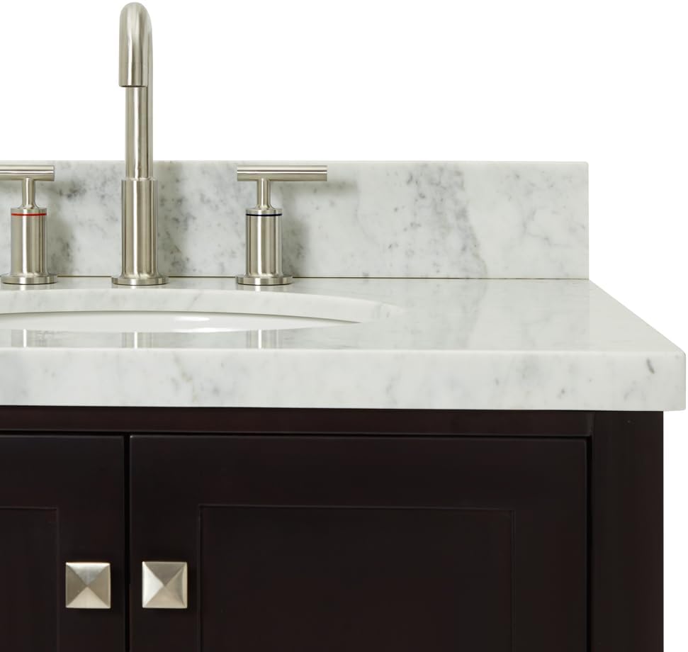 DKB Beckford 42' Espresso Bathroom Vanity with Sink – Carrara White Marble Countertop, Offset Oval Undermount Sink, Solid Wood, 2 Soft-Closing Doors, 5 Dovetail Drawers, Satin Nickel