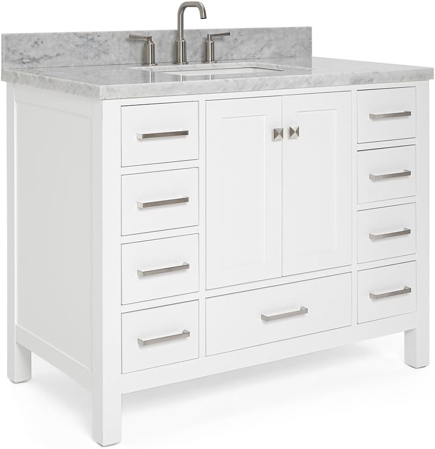 ARIEL Cambridge 42-inch Bathroom Vanity with Sink,Solid Wood, 1.5-inch Italian Carrara Marble Countertop, Single Rectangular Porcelain Sink, 2 Soft Closing Doors, 9 Dovetail Drawers, White