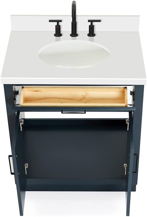 ARIEL Hepburn 30-inch Bathroom Vanity with Sink,Solid Wood, 1.5-inch Pure White Quartz Countertop & Backsplash, Single Oval Porcelain Sink, 2 Soft Closing Doors, 1 Dovetail Drawers, Midnight Blue