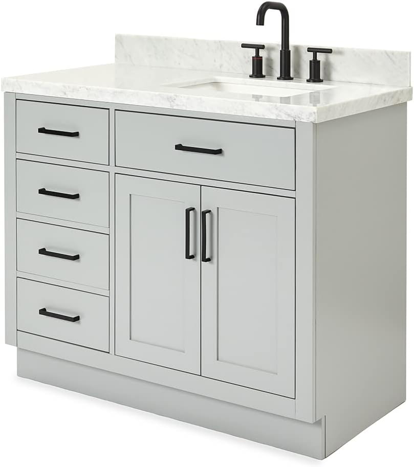 ARIEL 54' Grey Single Bathroom Vanity with Sink, 1.5' Italian Carrara Marble Countertop, Rectangular Undermount Sink, 2 Soft Closing Doors, 9 Dovetail Drawers