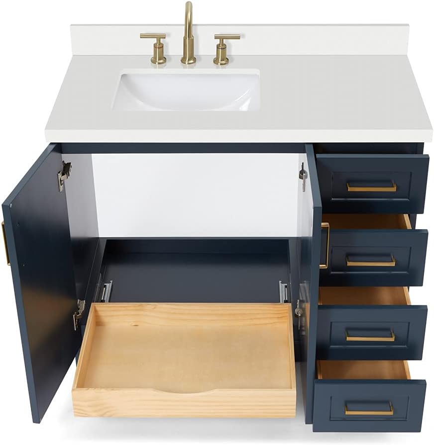 ARIEL Taylor 42-inch Bathroom Vanity with Sink,Solid Wood, 1.5-inch Pure White Quartz Countertop, Single Rectangular Porcelain Sink, 2 Soft Closing Doors, 5 Dovetail Drawers, Midnight Blue