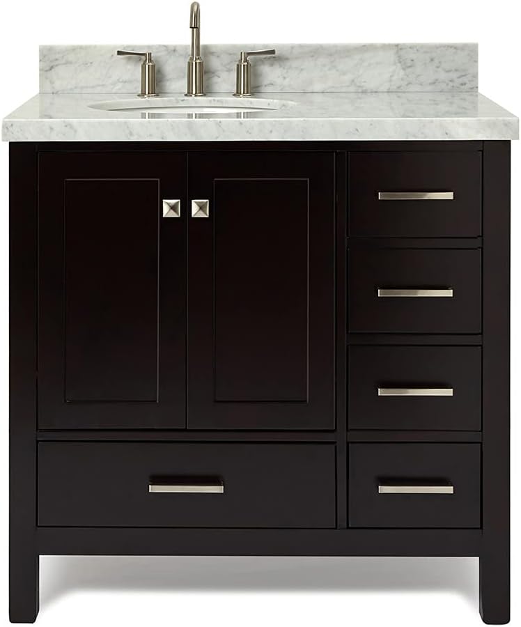 ARIEL Cambridge 36-inch Bathroom Vanity with Sink,Solid Wood, 1.5-inch Italian Carrara Marble Countertop & Backsplash, Single Oval Porcelain Sink, 2 Soft Closing Doors, 5 Dovetail Drawers, Espresso