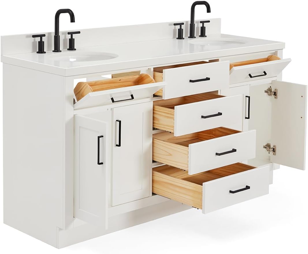 DKB Isabella 66-Inch White Double Bathroom Vanity, 1.5-Inch Pure White Quartz Countertop & Backsplash, Oval Sinks, 4 Soft Closing Doors, 6 Dovetail Drawers, Matte Black Hardware
