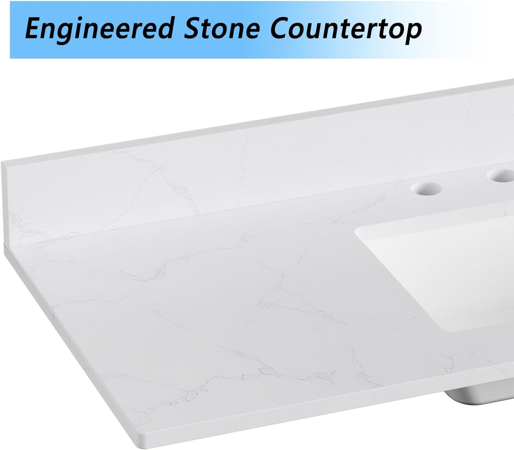 48 in. W x 18.5 in. D Bathroom Engineered Stone Vanity Top with Undermount Rectangular Ceramic Sink, 3 Pre-Drilled Faucet Holes & 4'' Backsplash, White (Faucet Not Included)