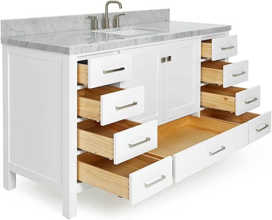 ARIEL Cambridge 60-inch Bathroom Vanity with Sink,Solid Wood, 1.5-inch Italian Carrara Marble Countertop, Single Rectangular Porcelain Sink, 2 Soft Closing Doors, 9 Dovetail Drawers, White