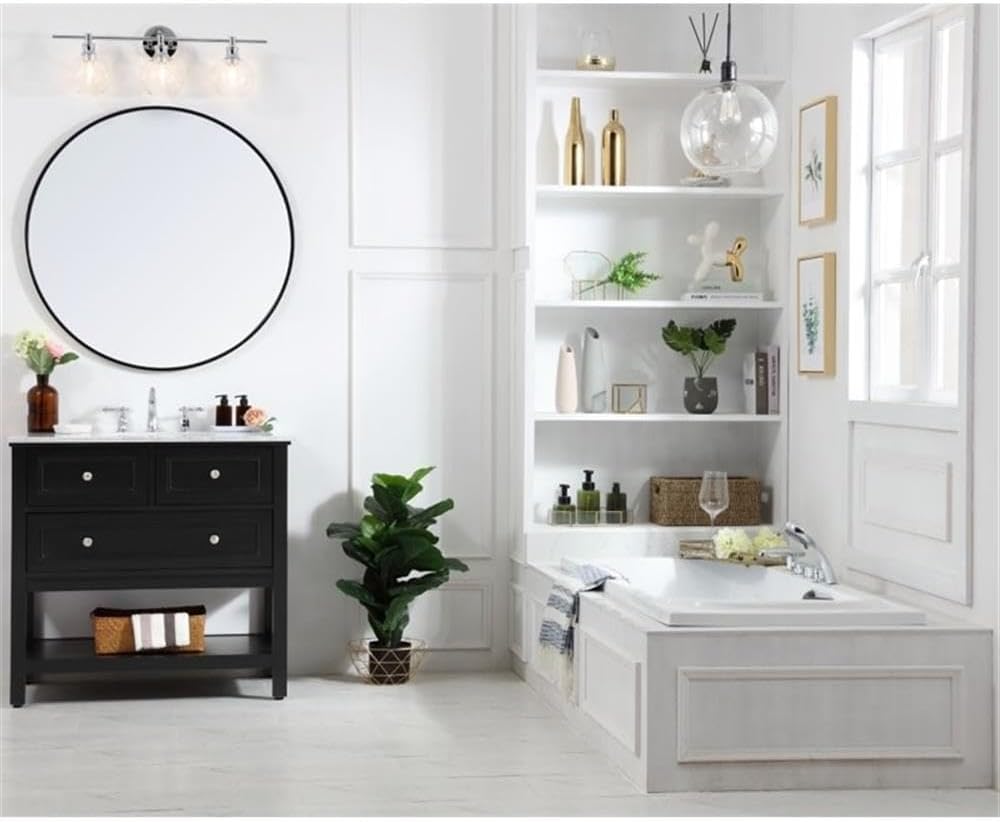 Pemberly Row Contemporary 36' Bathroom Vanity, Solid Poplar Wood Base, Carrara White Marble Top, Hand-Painted Black Finish, Porcelain Undermount Sink, Soft-Close Drawer, Storage Shelf, Free-Standing