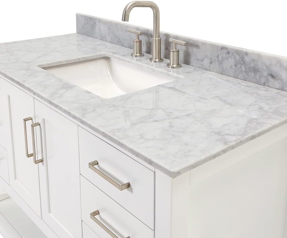 ARIEL Magnolia 48-inch Bathroom Vanity with Sink,Solid Wood, 0.75-inch Italian Carrara Marble Countertop, Single Rectangular Porcelain Sink, 2 Soft Closing Doors, 6 Dovetail Drawers, White