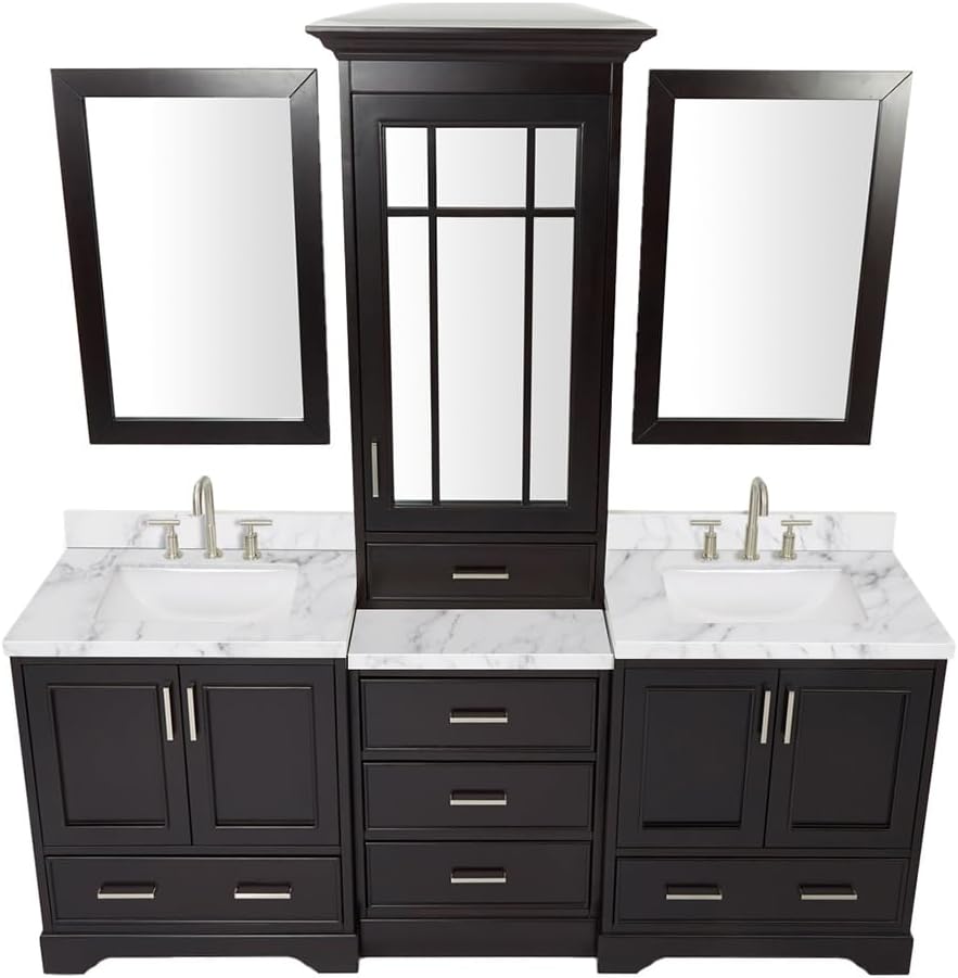 ARIEL Stafford 84-inch Bathroom Vanity with Sink,Solid Wood, 1.5-inch Italian Carrara Marble Countertop, Double Rectangular Porcelain Sink, 5 Soft Closing Doors, 6 Dovetail Drawers, Espresso