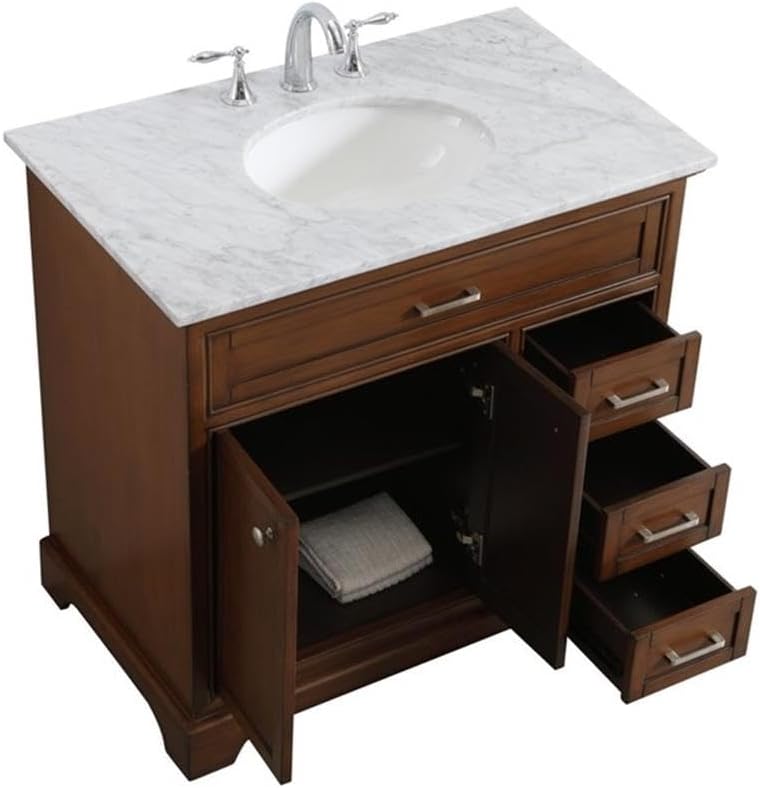 Pemberly Row Contemporary 36' Wood Bathroom Vanity, Brown Teak Finish, Italian Carrara Marble Top, Oval Porcelain Undermount Sink, 3 Drawers, 2 Doors, Freestanding Design for Home or Office Bathrooms