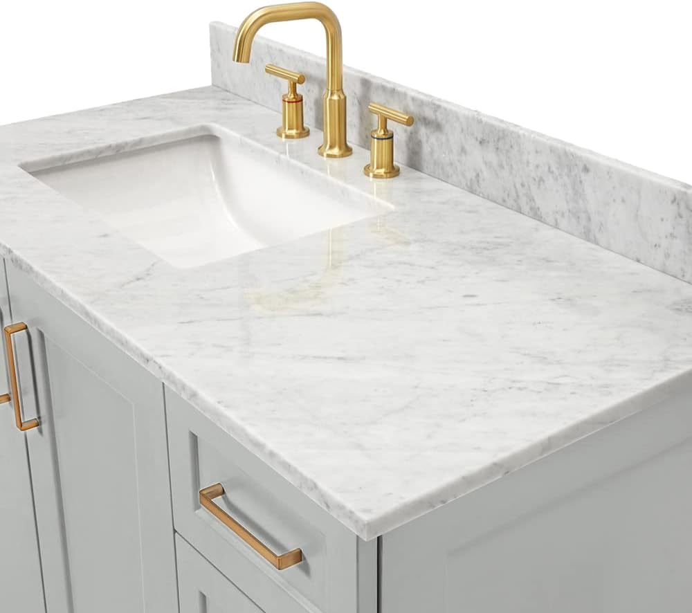 ARIEL Taylor 42-inch Bathroom Vanity with Sink,Solid Wood, 0.75-inch Italian Carrara Marble Countertop, Single Rectangular Porcelain Sink, 2 Soft Closing Doors, 5 Dovetail Drawers, Grey