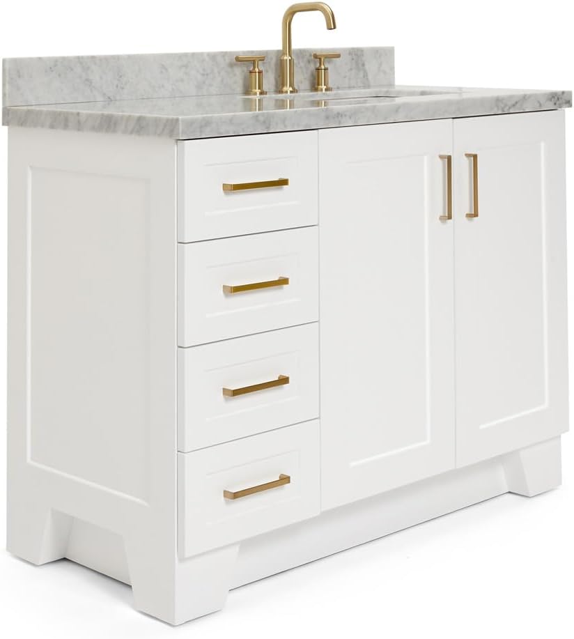 ARIEL Taylor 42-inch Bathroom Vanity with Sink,Solid Wood, 1.5-inch Italian Carrara Marble Countertop, Single Rectangular Porcelain Sink, 2 Soft Closing Doors, 5 Dovetail Drawers, White